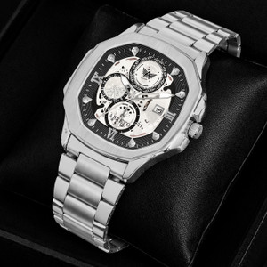 ABREXO Abx8312-Silver Bracelets GODFATHER Square Chrono Look Silver Dial Date Working Stainless Strap For Boys Analog Watch  - For Men