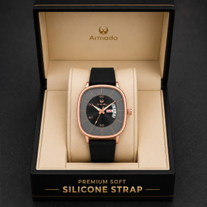 ARMADO AR-MH-1281536-Russian Black Watch for Boys | Rose Gold Case | Black Soft Silicone Strap | Day & Date Analog Watch - For Men