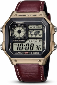 Bubs Spun Men's Digital World Time Watch with Brown Leather Strap, Alarm, Chronograph. Digital Watch  - For Men