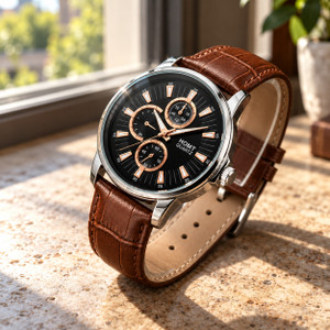 homt silver round black dial brown leather quartz T1741YL02 Leather belt silver round black dial quartz Analog Watch - For Men
