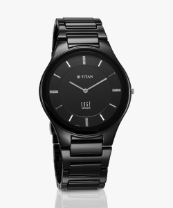 Titan Edge Ceramic Quartz in Glossy Black with Diamonds and Black Dial Analog Watch  - For Men