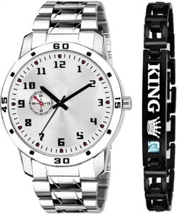 Shivark Unique Formal Look Silver Dial Watch and King Diamond Bracelet Combo For Men Analog Watch  - For Boys