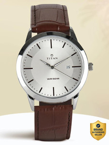 Titan NT1584SL03 Titan ClaStainless Steelic with Date Silver Dial Brown LeatherStrap Analog Watch - For Men