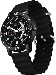 JAINX Black Day and Date Dial Silicone Band Analog Watch  - For Men