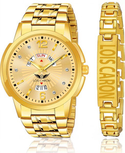LOIS CARON LCS-9164 Gold Plated Analog Day & Date Men’s Watch with Bracelet | Premium Golden Dial Analog Watch  - For Men