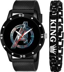 LAXMO New Branded & Stylish Fab Combo Of Black Avenger Dial & Black PU Belt Watch and King Bracelet Analog Watch – For Men