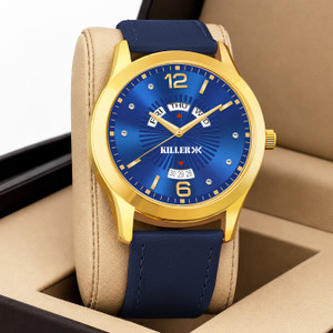 KILLER Aurum Series | Golden Buckle | 3D Cut Glass | Studded Dial | Working Day & Date Analog Watch  - For Men