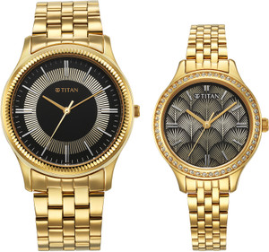 Titan Titan Karishma Bandhan Titan Bandhan Black Dial Gold Stainless Steel Strap Couple Analog Watch  - For Men & Women