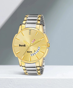 hrnt HMTG-T-T-9044 Two Tone Chain & Original Golden Day & Date TT9044 TwoTone Original Golden Plated Metal Water Resistant Branded Day & Date एनालॉग घड़ी - पुरुषों के लिए