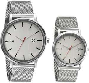 SONATA Sonata Bandhan White Dial Silver MetalStrap Couple Analog Watch  - For Couple