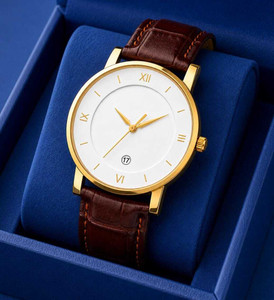 HMT Quartz Gold-White Dial Brown Strap Watch - Image 6
