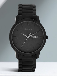 SONATA NP77031NM03 Sonata Reloaded with Day & Date Black Dial Black SS Strap Analog Watch  - For Men