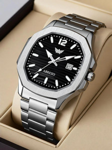 ABREXO Abx4569-Black Silver Nautilus Series Date Working Square Black Dial Silver Quartz Watch For Boys Analog Watch - For Men