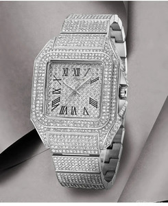 Agg traders AT05 new trending mens ice out diamond studded square dial stainless steel chain घड़ी - पुरुषों के लिए