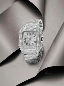 Agg traders AT05 new trending mens ice out diamond studded square dial stainless steel chain Analog Watch - For Men
