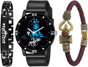 Praizy New Combo Of Blue Mahadev PU Strap Watch and Mahadev & Om kada Bracelet Analog Watch  - For Men