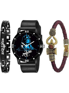PRAIZY New Combo Of Blue Mahadev PU Strap Watch and Mahadev & Om kada Bracelet Analog Watch - For Men