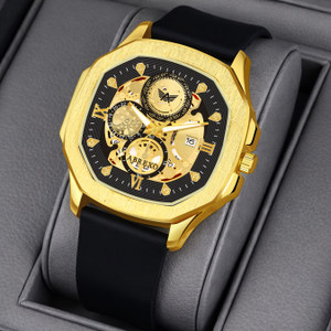 ABREXO Abx8300-GD BK GODFATHER Square Chrono Look Gold Dial Date Working Black Silicone Strap Boys घड़ी - पुरुषों के लिए