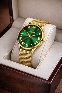 Dezine DeZINE Gold Mesh Watch with Green Sunburst Dial & Roman Numerals Analog Watch  - For Men