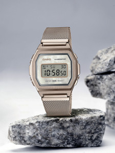 CASIO D195 (A1000MCG-9EF) Vintage Rose Gold Dial Rose Gold Stainless Steel Mesh Band डिजिटल घड़ी - पुरुषों और महिलाओं के लिए
