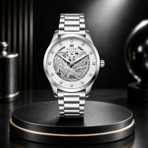 KILLER Men’s Luxury Analog Watch with Silver Stainless Steel Chain Skeleton Dial Analog Watch - For Men