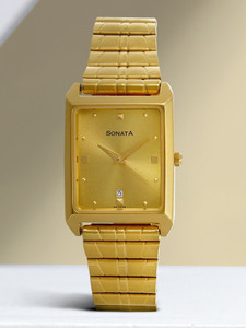 SONATA NP7007YM02 Sonata With Date Champagne Dial Gold Stainless Steel Strap Analog Watch - For Men