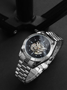 French Connection Men Silver Automatic Watch | Black Textured Round Dial Analog Watch - For Men