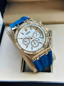 Lucifer DRM029 - BLUE Fashionable Rose gold Dial Diamond Date Display Watch - For Men Day & Date Feature Big Dial Smooth Silicon Strap Analog Watch - For Men