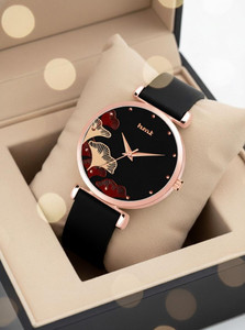 Hmrt Floral Black Dial Black Silicon Strap Analog Watch - For Women