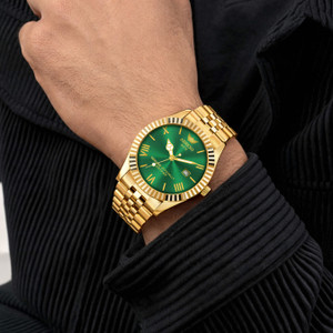 ABREXO Aesthetic Series Green Dial Date Working Golden Stainless Steel Quartz Watch Analog Watch - For Men