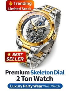 OneStopNow Men's Luxury Skeleton Automatic Watch - Two-Tone Gold & Silver Mechanical Dial 2TONE Analog Watch - For Men