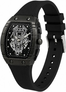 K&K Premium Skeleton Black Tonneau Case Silicone Strap Luxury Fashion Wrist Watch Fobras Silver Black Analog Watch  - For Men & Women