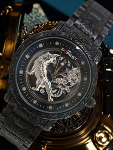 Quano Forest Luxury Lion Curved Black & Silver Dial and Black Chain Men Wrist Watch Forest Luxury Lion Curved Black & Silver Dial and Black Chain Men Wrist Watch Analog Watch  - For Men