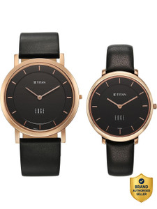Titan Titan Edge Pair Titan Edge Pair Black Dial Black Leather Strap Couple Analog Watch  - For Couple