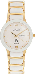 Royalex Watch White Dial Day and Date Golden Ceramic Case and White Gold Ceramic Chain Ceramic Round Watch With White Dial And Day And Date With Premium Chain Analog Watch  - For Men