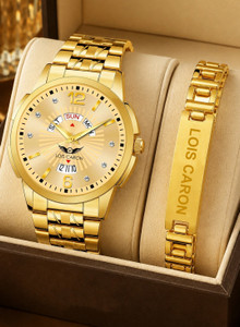 LOIS CARON LCS-9164 Gold Plated Analog Day & Date Men’s Watch with Bracelet | Premium Golden Dial Analog Watch - For Men