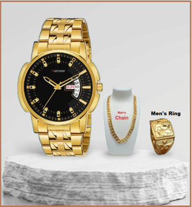 watchstar Golden Watch With Golden Chain and Free Rign Accesories Combo Golden Casual Watch With Golden Chain and Free Ring Analog Watch  - For Men