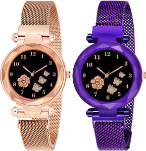 MAAN INTERNATIONAL FBF223-Magnet Pack Of 2 Black Flower Printed Dial Luxury Magnetic Strap Girls Analog Watch  - For Women