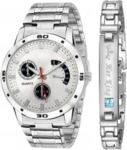 PRAIZY Silver Dial Adjustable Length Stainless Steel and Diamond King Bracelet Analog Watch  - For Men