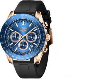 OVERFLY LIGE Mens Watches Chronograph luxury Black Strap Blue Dial Wrist Watch Analog Watch  - For Men