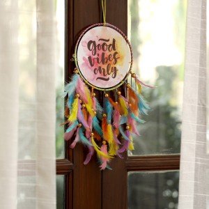DULI Canvas Good Vibes Dream catcher with Multicolor Feathers Windchime for Decor Feather Dream Catcher
