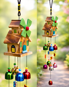 sculpmart Home Design WindChime With 9 Multicolour Bells for Home & Balcony Hanging Wood Windchime