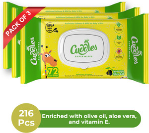 Cuddles SUPER WIPES with Lid - Enriched with Aloevera, Olive Oil and Vitamin E (Pack of 3)
