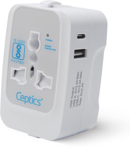 Ceptics 15W Universal Charger Adapter, USB & USB-C, For Laptop, Mobile & Chargers Worldwide Adaptor