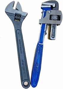 WallVilla Plumber Tool Combo 14inch Pipe Wrench & 12inch Adjustable Wrench Plumber Tool Heavy Duty Single Sided Combination Wrench