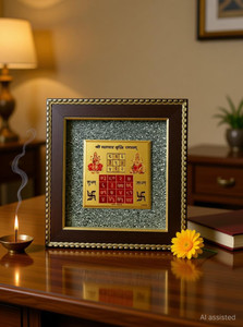 BHAGYA G Vyapar Vriddhi Yantra in Pyrite Stone Wooden Frame Yantra for Business Success Gold Yantra