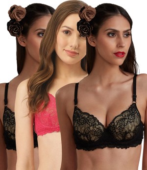 Semi/Medium Coverage Padded Wired Lace Demi Cup Bra (Pack Of 2