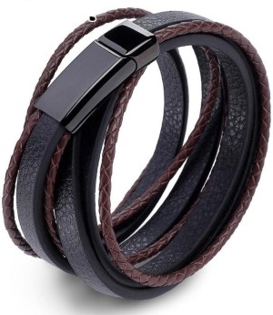 Mens 3Layer Blue  Grey Braided Leather Bracelet With Stainless Steel   MYKA