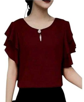 Istyle Can Top for Women Plain Flared Short Sleeve Georgette Keyhole Neck  Top, Regular Fit Ladies Top, Tops for Women, Georgette Tops for Women, Tops, Women Tops