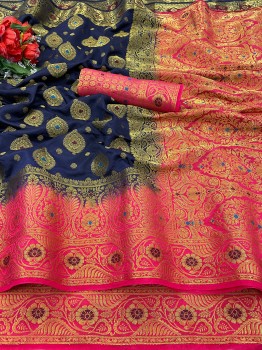 Buy LOOKOUT Woven Kanjivaram Silk Blend Blue Sarees Online @ Best Price In  India